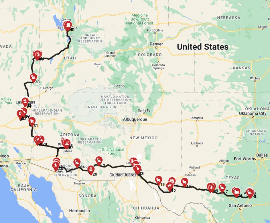 Map for Austin to Salt lake city - The 4 deserts